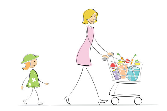 illustration of mother and daughter shopping while mother is pushing shopping trolley