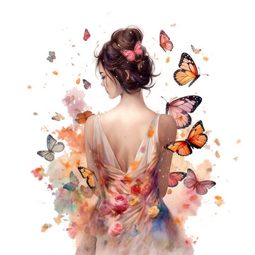beautiful looking Girl and Butterflies in style of watercolor illustration, carnation flowers arrangement decoration, plenty of butterflies, isolated on Transparent background, generate ai