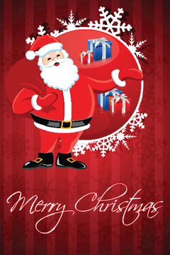 illustration of santa claus with his bag and gifts on snowy background