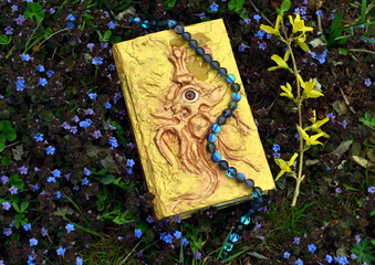 Old magic book of spells or fairy tale with crystals on the grass with spring flowers. Occult, esoteric and divination still life. Mystic outside background with vintage objects