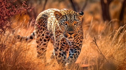 Leopard is walking through brown grassland, generative ai illustration