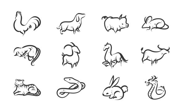 An image of a chinese astrology animal line drawings. Chinese Astrology Animal Silhouettes