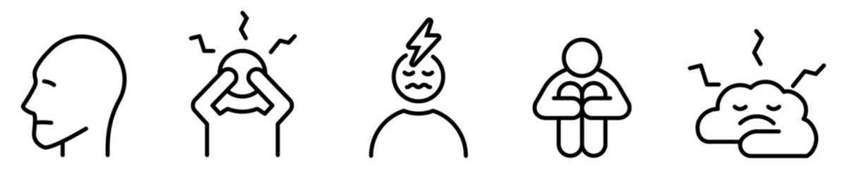 Conjunto de iconos de ansiedad. Concepto de trastorno mental. Nerviosismo, preocupación, malestar. Ilustración vectorial