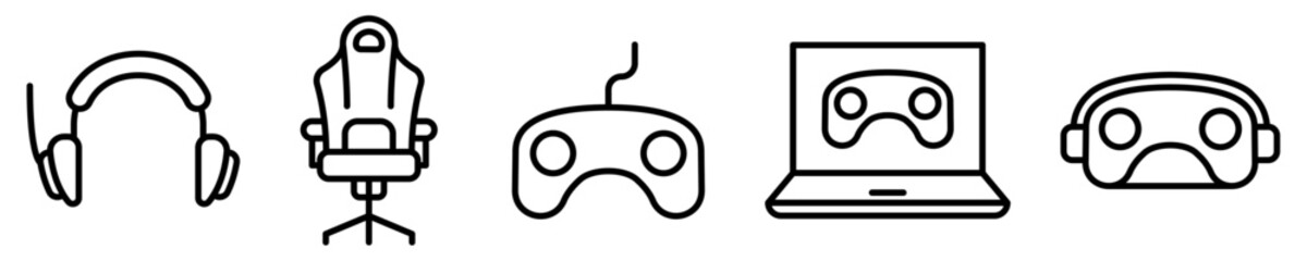 Conjunto de iconos de accesorios de juegos. Audífonos, silla, mando, ordenador, realidad virtual. Ilustración vectorial