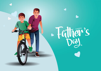 Happy fathers day. Father teaching little son riding bicycle. abstract vector illustration design