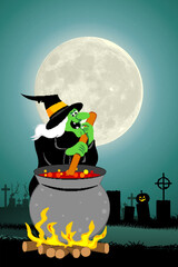 illustration of witch cooking in halloween night