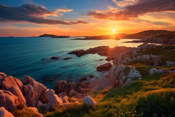 Fototapeta premium Vibrant morning view in Sardinia, Italy, Europe. An inspiring sunrise on the Del Sinis peninsula. A picturesque seascape of the Mediterranean Sea.