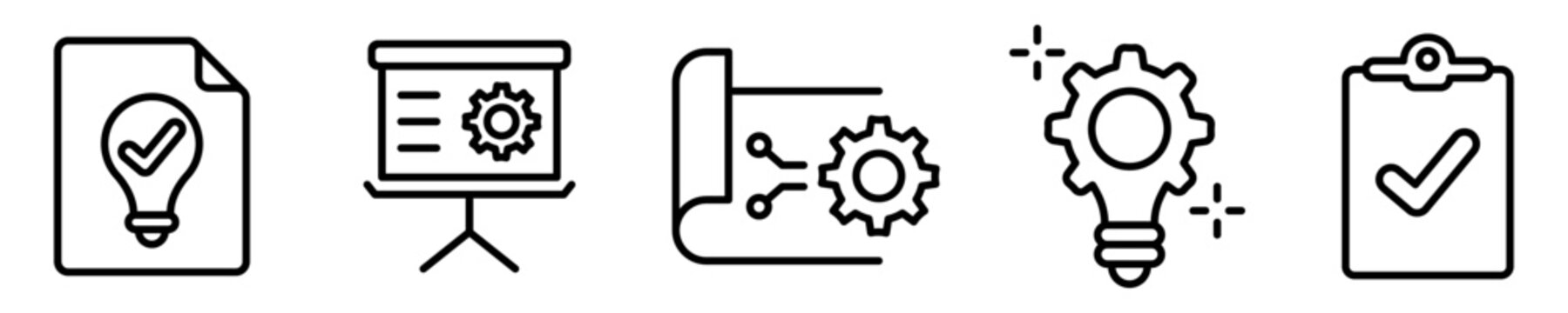 Conjunto de iconos de proyecto. Concepto de estrategia, plan y tecnolog&iacute;a. Ajustes. Ilustraci&oacute;n vectorial
