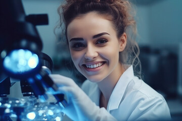 Closeup of a scientist looks under the microscope in medical lab testing. Young biotechnology specialist working with chemistry doctor equipment technology. Generative AI