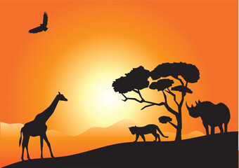 Fototapeta na wymiar vector illustration of african landscape with animal silhouettes
