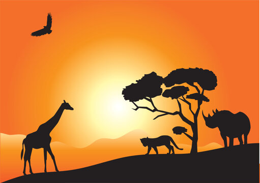vector illustration of african landscape with animal silhouettes