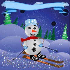 Vector illustration of a skiing snowman with decoration banner