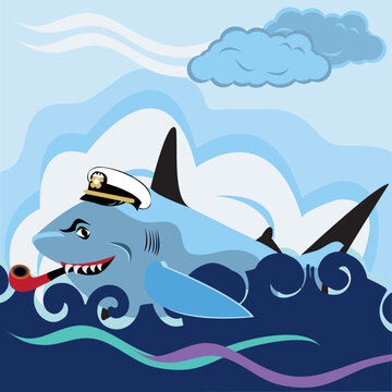 Vector illustration of a fat shark with a captain's hat and a pipe. She's so happy because she had a captain for a dinner!