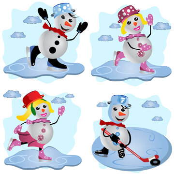 Color vector illustration of four snowman with different sport activities.