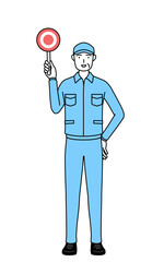 正解を示すマルの棒を持つ帽子と作業着姿のシニア男性（経営者、管理職、上司）