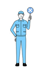 不正解を示す×の棒を持つ帽子と作業着姿のシニア男性（経営者、管理職、上司）