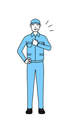 胸を叩く帽子と作業着姿のシニア男性（経営者、管理職、上司）