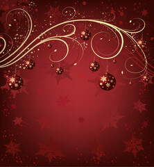 Christmas red vector background with balls and snowflakes