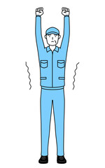 ストレッチで背伸びする帽子と作業着姿のシニア男性（経営者、管理職、上司）