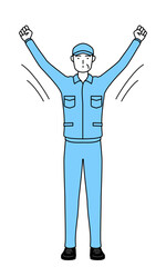 ラジオ体操をする帽子と作業着姿のシニア男性（経営者、管理職、上司）