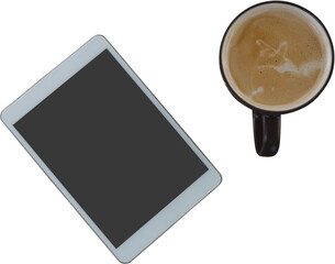 Digital png illustration of coffee and tablet with blank screen on transparent background