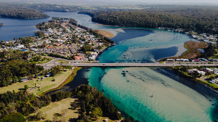 Aerial view of the stunning Burrill Lake located in Ulladulla, NSW, Australia. 
