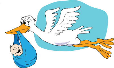 Vector image of a Stork carrying a Baby Boy.