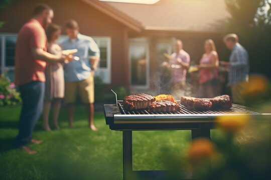 Summer gathering with a BBQ feast, grilling savory meats on a weekend afternoon, creating a joyous and festive atmosphere. Steak on the grill in the backyard