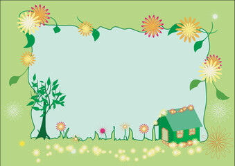 Vector summer frame with coloured flowers on house and all over the frame and green leaves