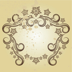 Beautiful vintage designs of flowers and scrolls to sepia grunge background.