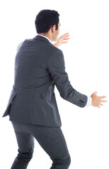 Digital png photo of rear view of biracial businessman using vr on transparent background