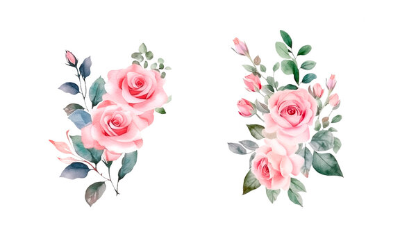 watercolor bouquet with roses and eucalyptus, ai generated