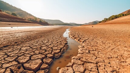Lake and river drying up in the summer, the water problem, and drought are all effects of climate change. GENERATE AI - obrazy, fototapety, plakaty