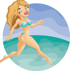 a beautiful young smiling pretty cute blond girl in bikini run on the beach. eps8