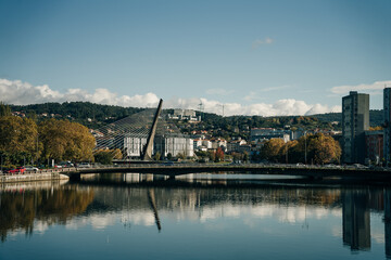 Obraz premium Pontevedra, Galicia. Spain. February 2023 Pontevedra city view, Lerez River and Currents Bridge