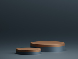 3D rendering elegant gold surface double rounded podium for product display on empty dark blue background. 3D mockup illustration