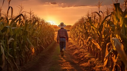 Fototapeta premium Farmer strolling among cornfields at dusk. GENERATE AI