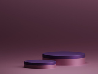 3D rendering elegant metallic rose pink rounded podium for product display on empty dark blue background. 3D mockup illustration