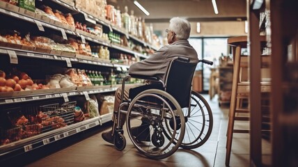 Obraz premium A man in a wheelchair is in a supermarket. GENERATE AI