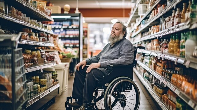 A man in a wheelchair is in a supermarket. GENERATE AI