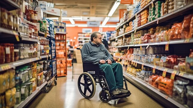 A man in a wheelchair is in a supermarket. GENERATE AI
