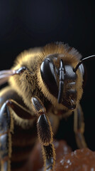 Through the use of artificial intelligence, a mesmerizing macro photograph emerges, featuring a bee against a dark backdrop, revealing its delicate beauty in remarkable detail.