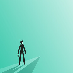 Businessmen standing on a cliff looking at the light of success or thinking about the adventure ahead. The concept of a forward-thinking leader and finding ways to make the organization evolve.