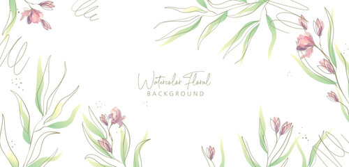 Watercolor bakground with leaves. Floral foliage for wedding invitation, wall art or card template. Vector illustration. Luxury rustic trendy