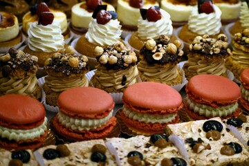 Large choice of beautiful pastries, sweet and colorful background.