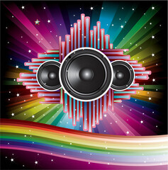 Obraz na płótnie Canvas Rainbow Disco Background with speaker and stars vector illustration