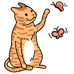 Happy tabby striped orange cat playing with butterflies