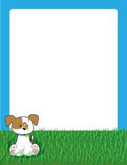 A border or frame featuring a little puppy sitting in the grass with a butterfly on his nose