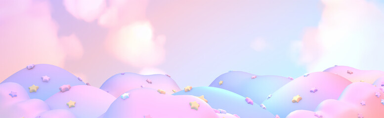 Fototapeta na wymiar 3d rendered cartoon pastel purple mountain landscape with stars.