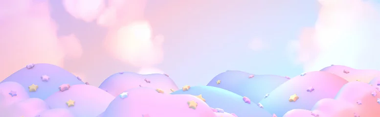 Foto op Plexiglas 3d rendered cartoon pastel purple mountain landscape with stars. © tykcartoon
